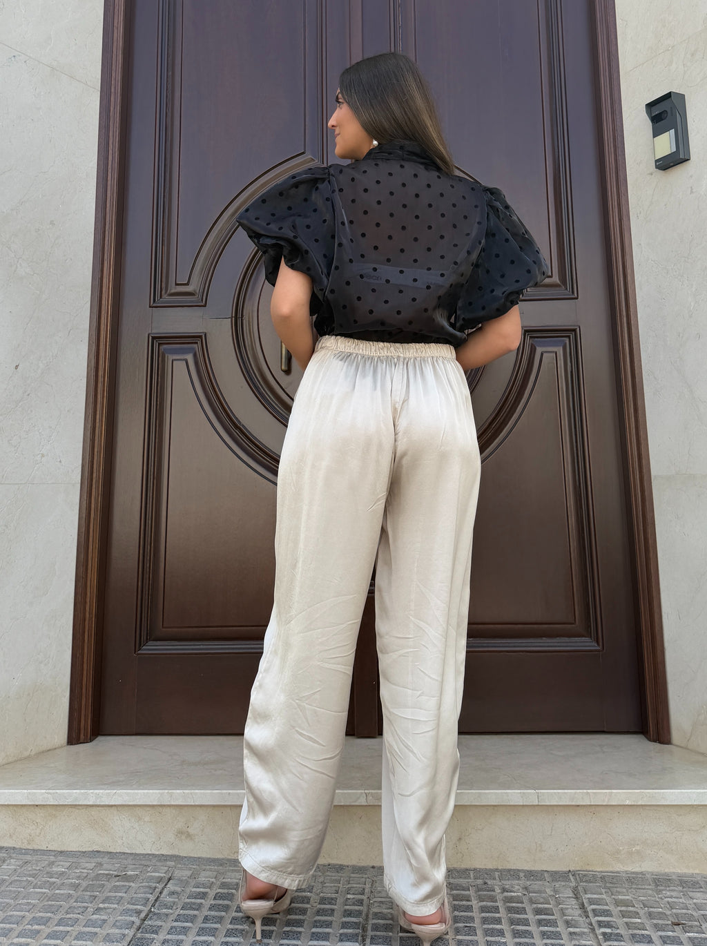 Pantalón Satén Globo Beige