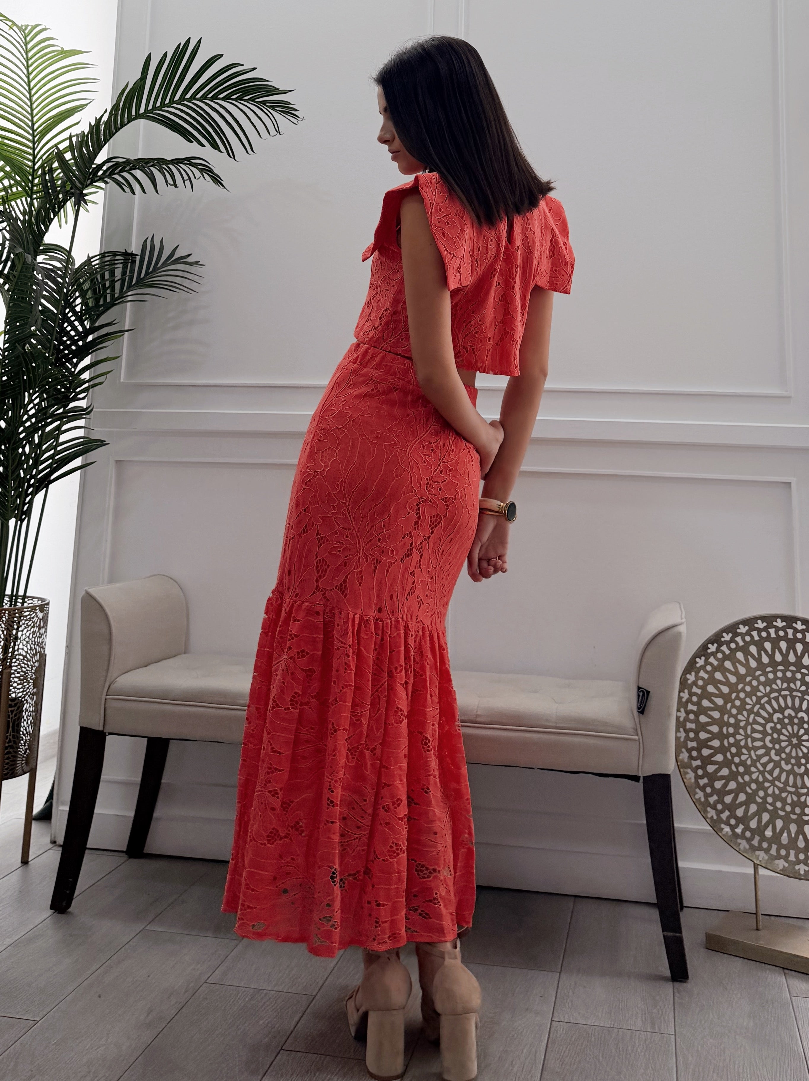Conjunto Encaje Falda Coral