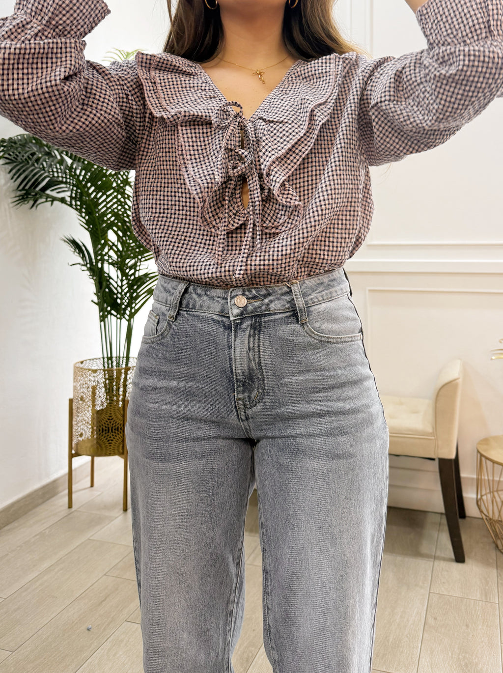 Camisa Vichy Volantes Malva