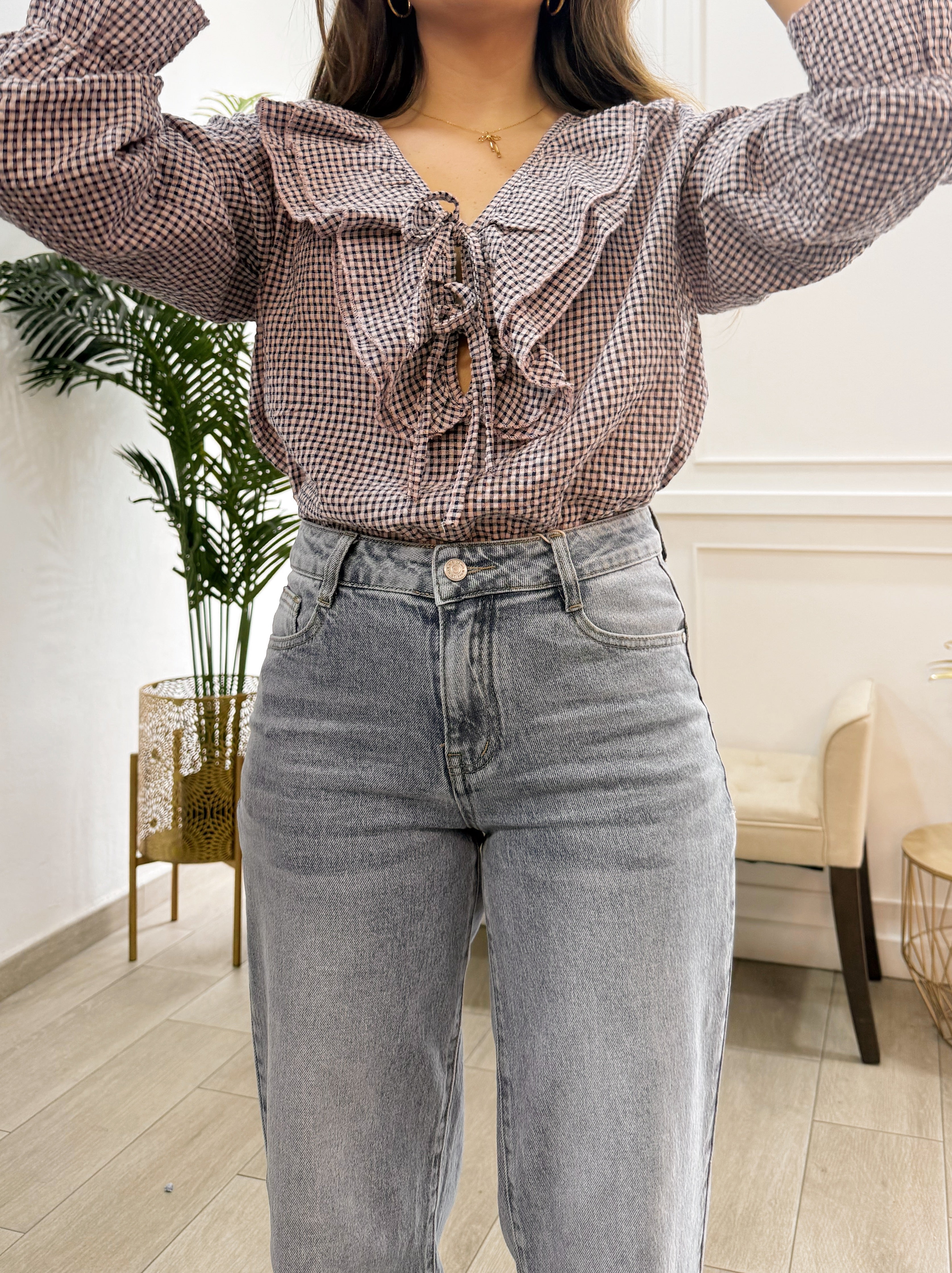 Camisa Vichy Volantes Malva