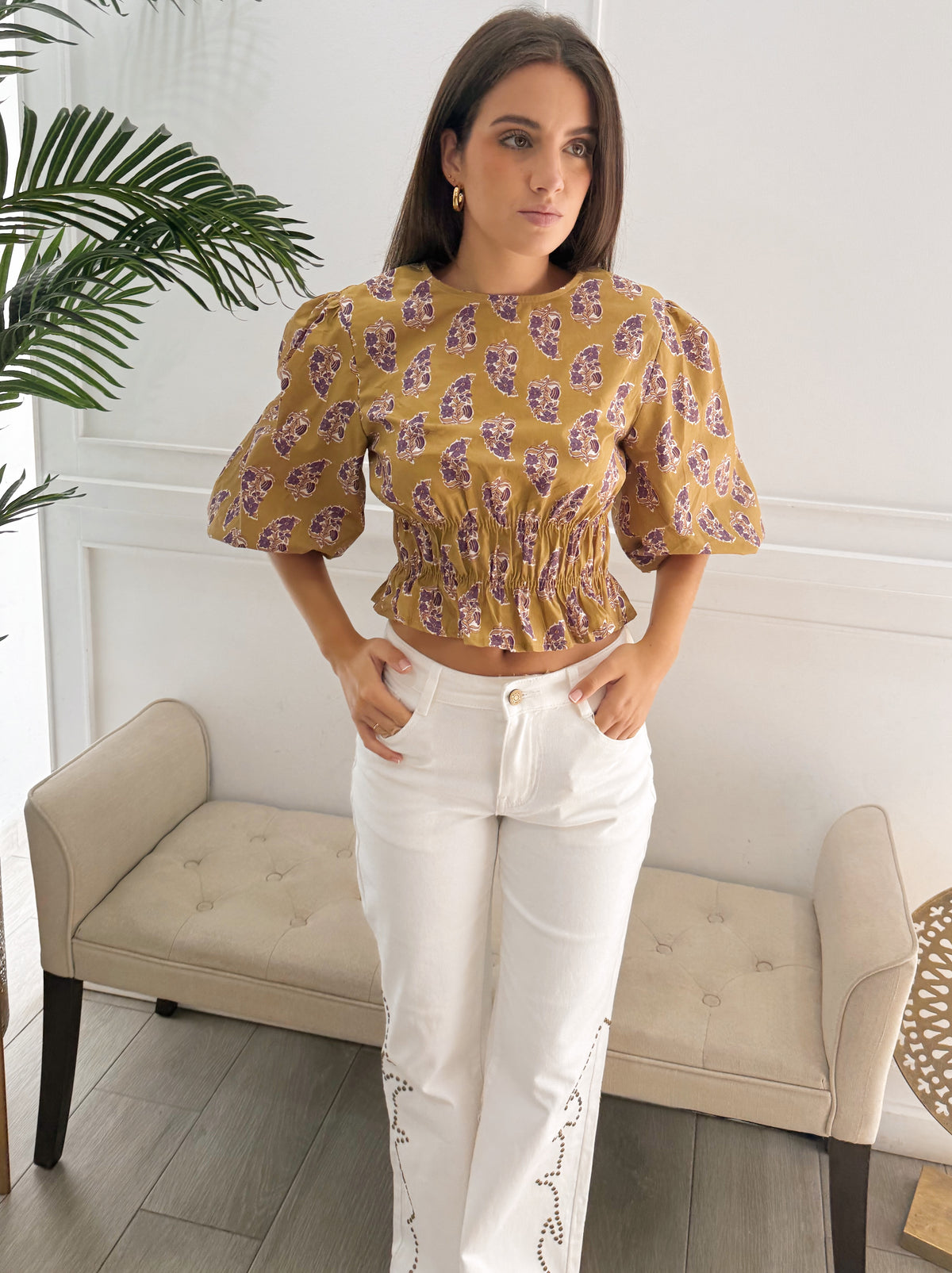 Camisa Mercedes Estampada Mostaza