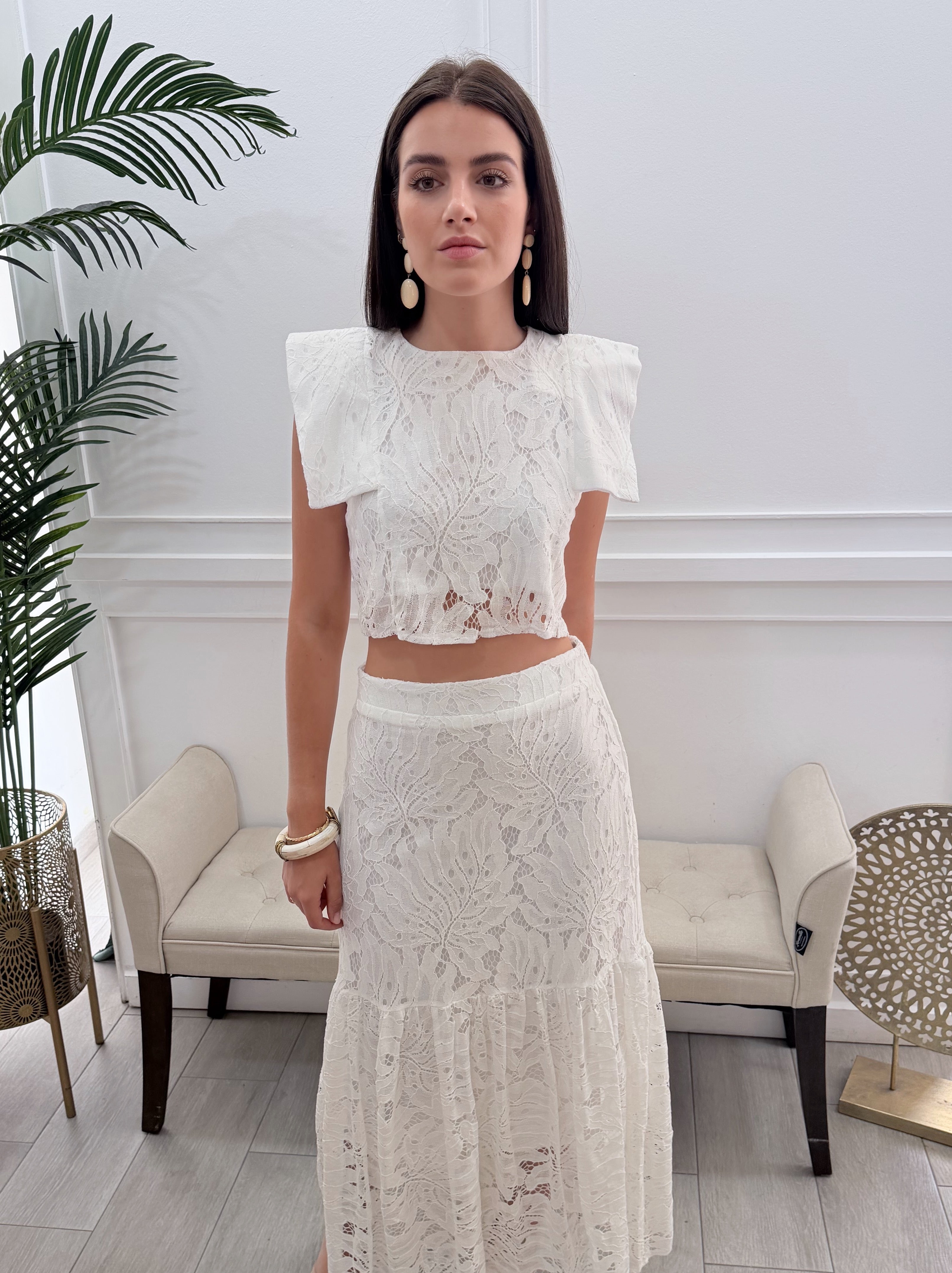 Conjunto Encaje Falda Blanco