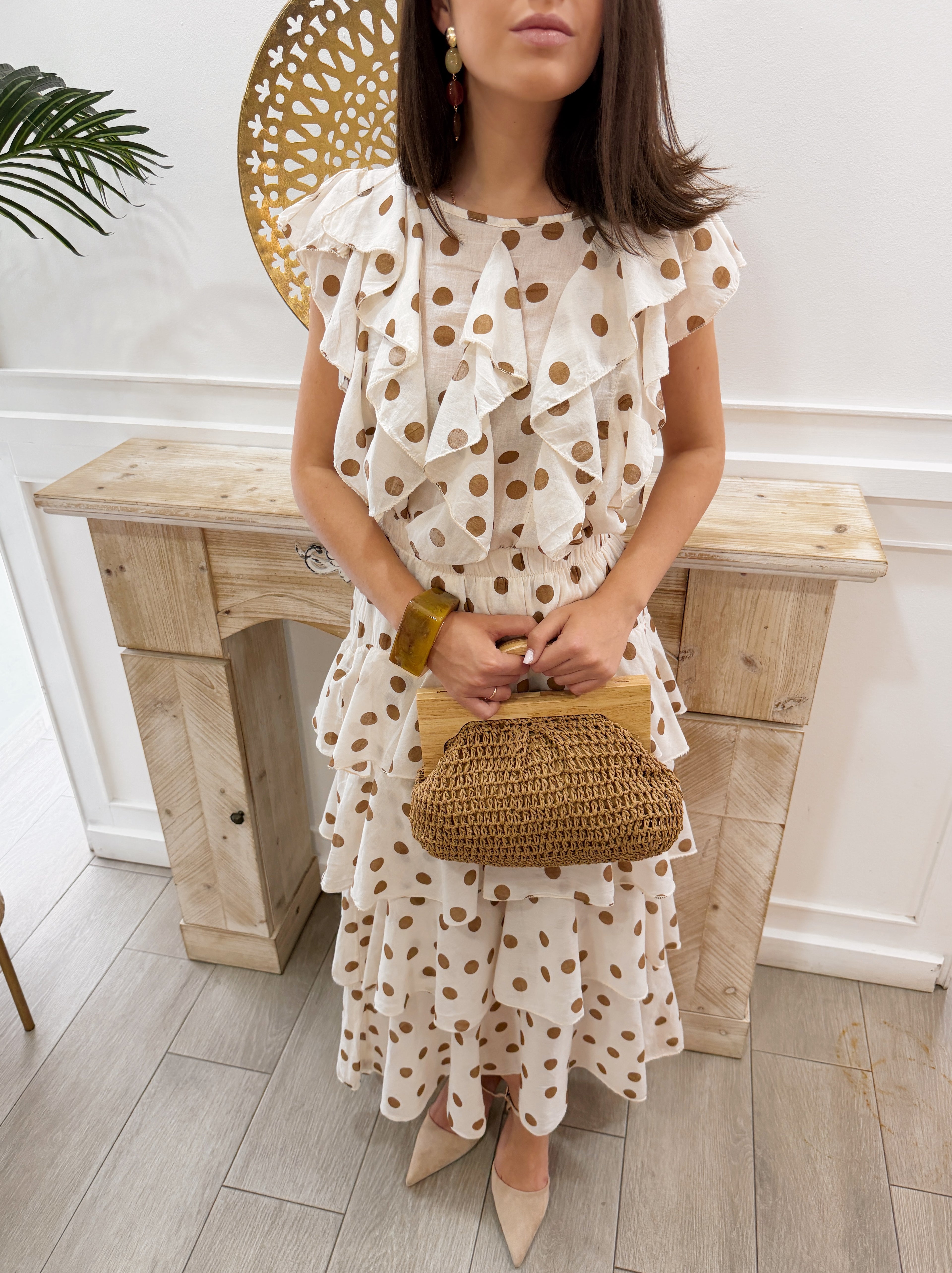 Bolso Rafia Camel Asa Madera