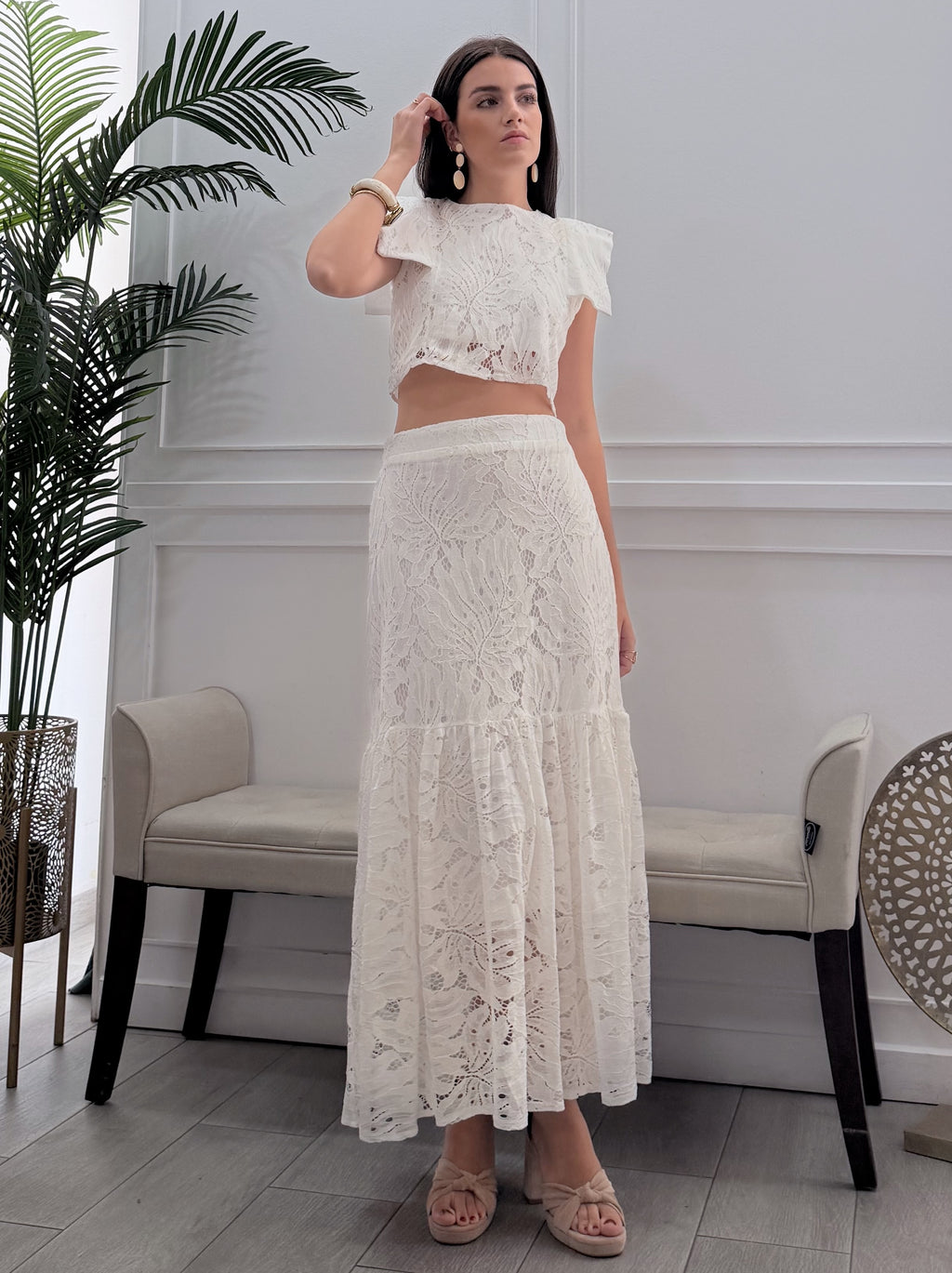 Conjunto Encaje Falda Blanco