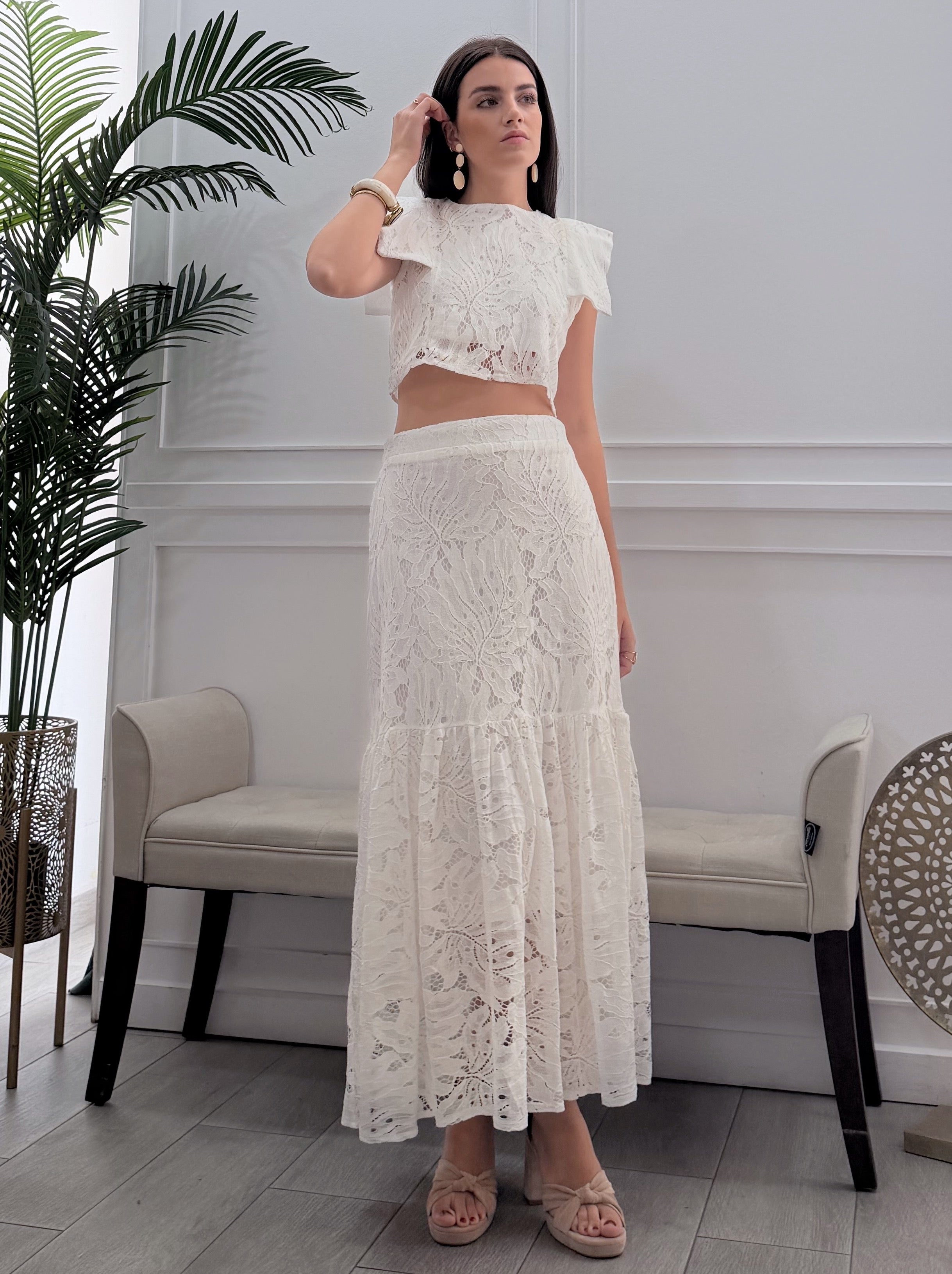 Conjunto Encaje Falda Blanco