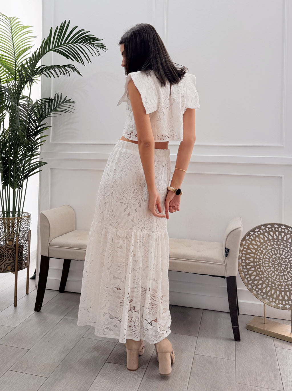 Conjunto Encaje Falda Blanco