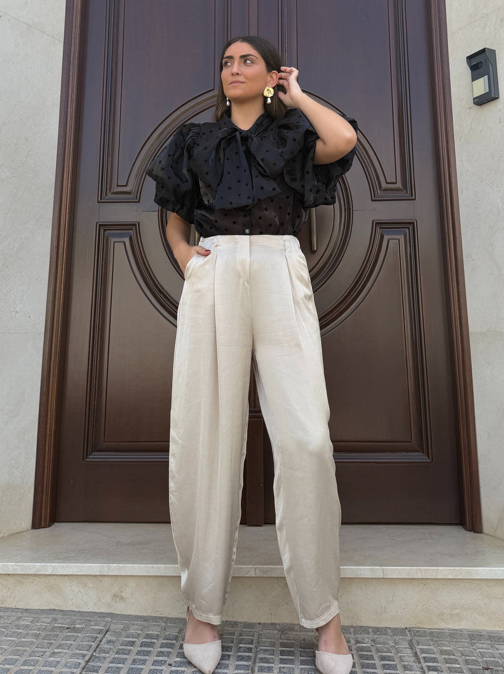 Pantalón Satén Globo Beige