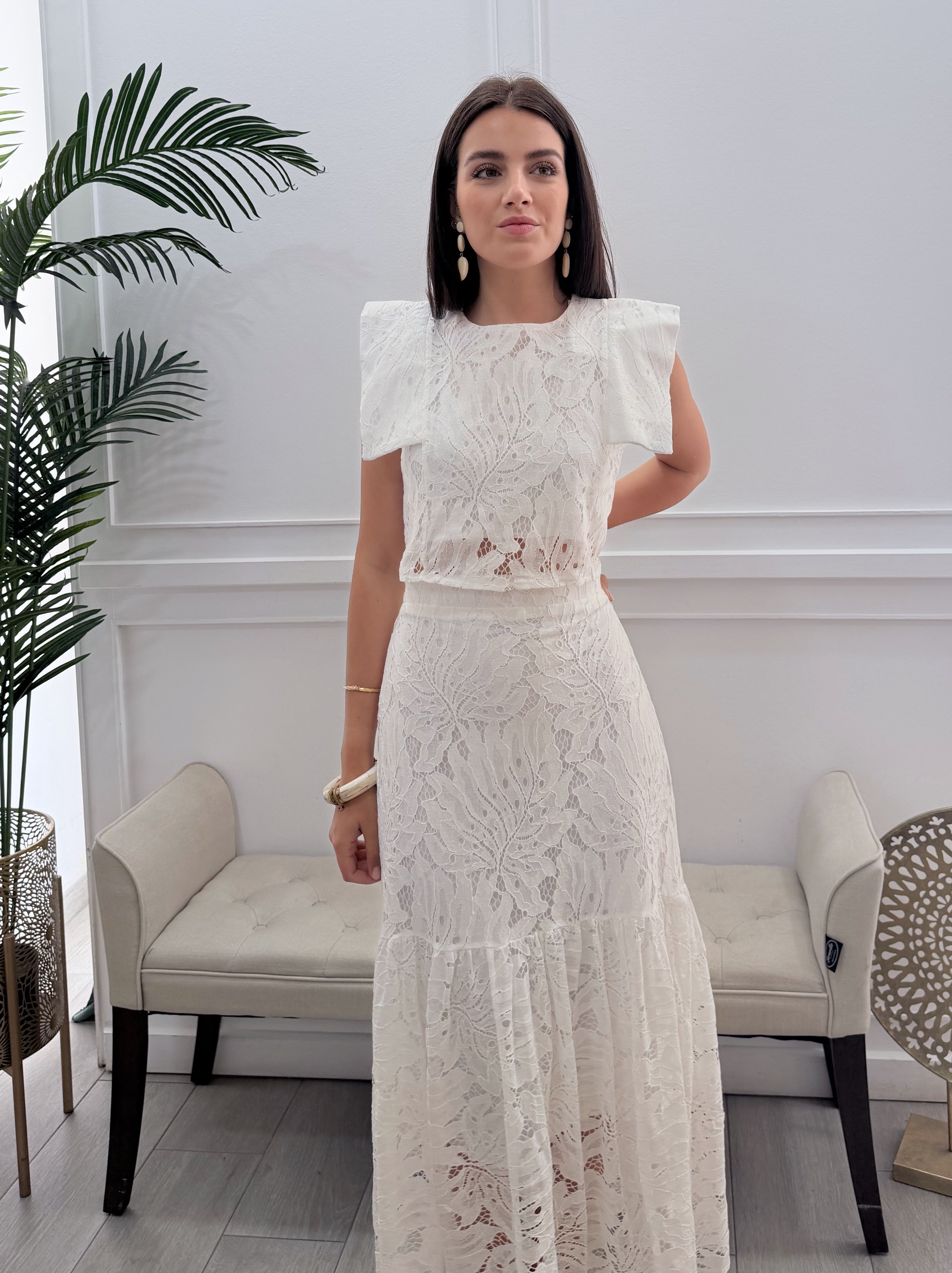 Conjunto Encaje Falda Blanco