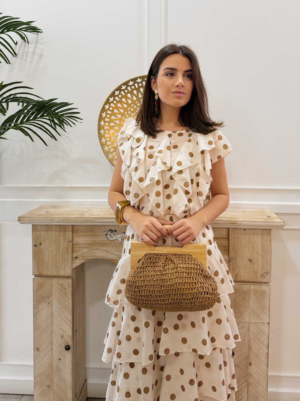 Bolso Rafia Camel Asa Madera