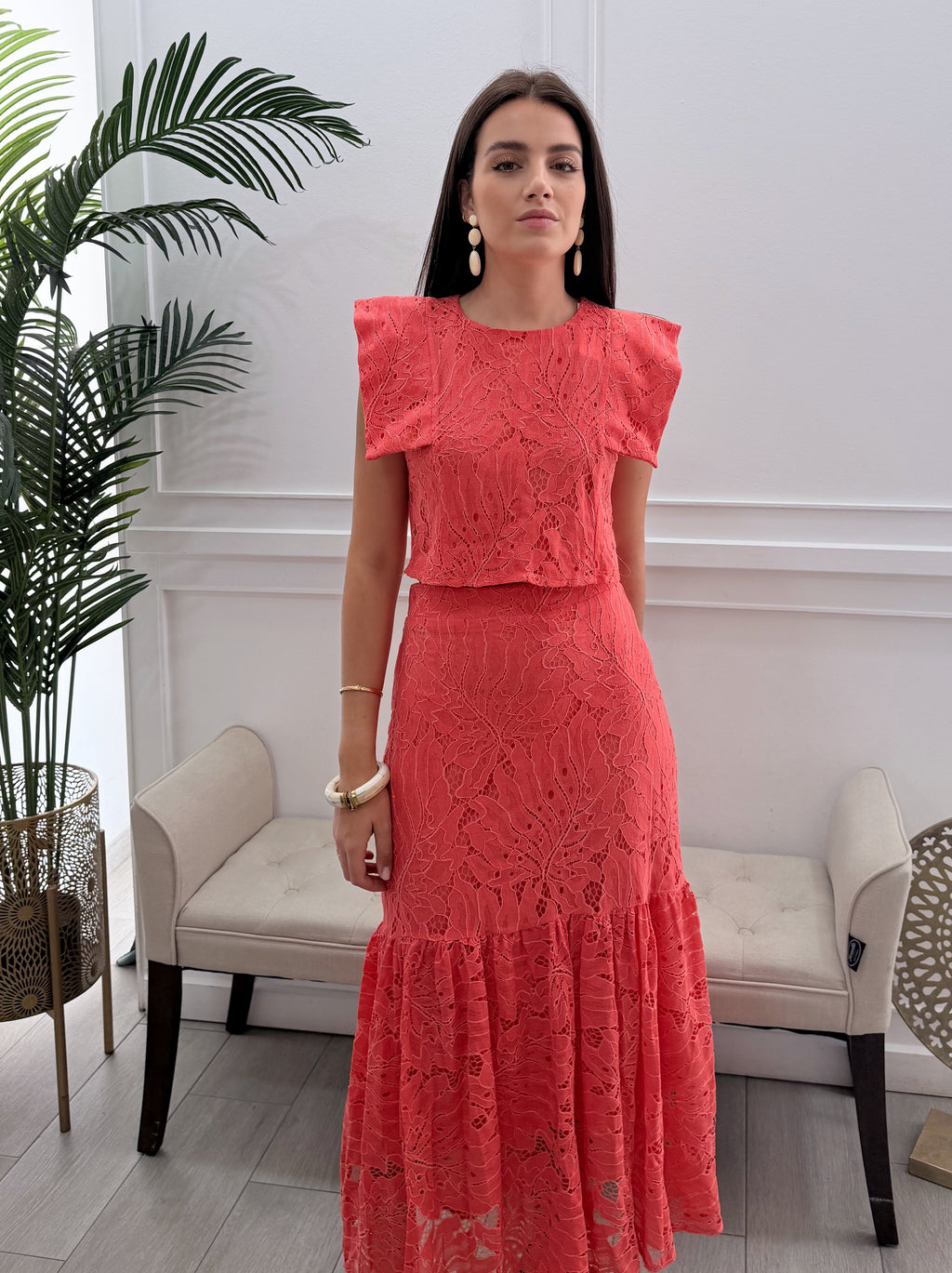 Conjunto Encaje Falda Coral
