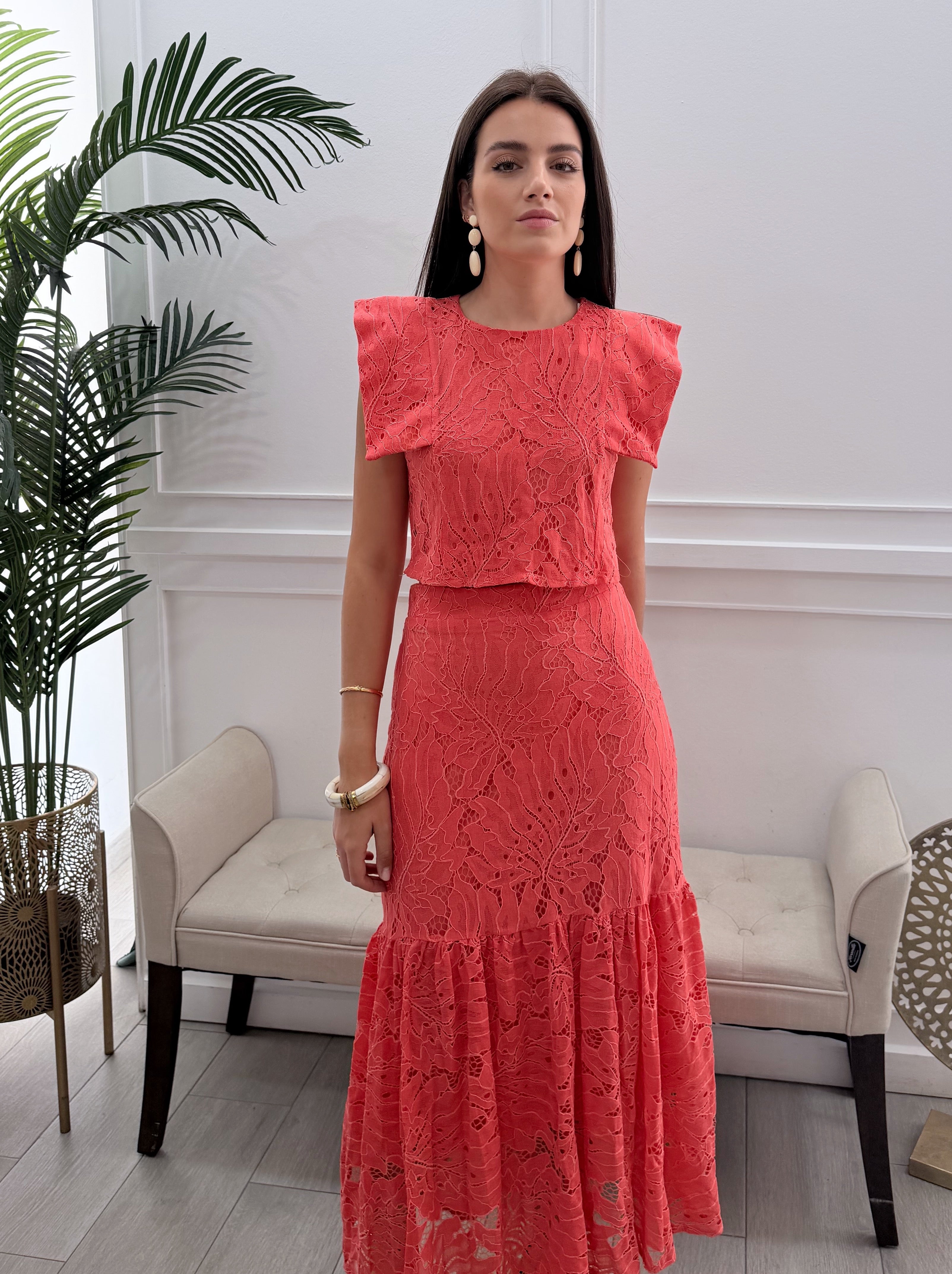 Conjunto Encaje Falda Coral