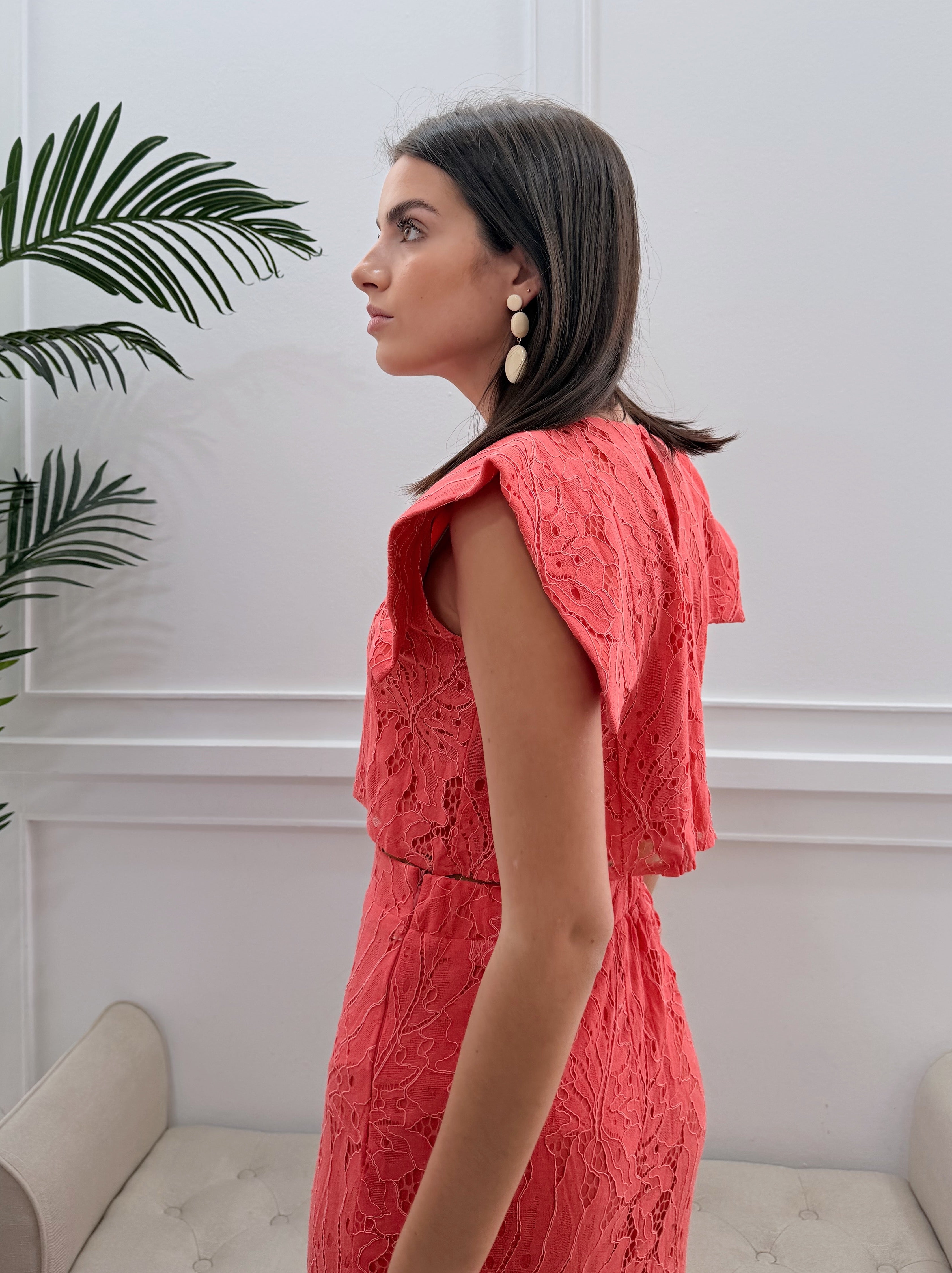 Conjunto Encaje Falda Coral