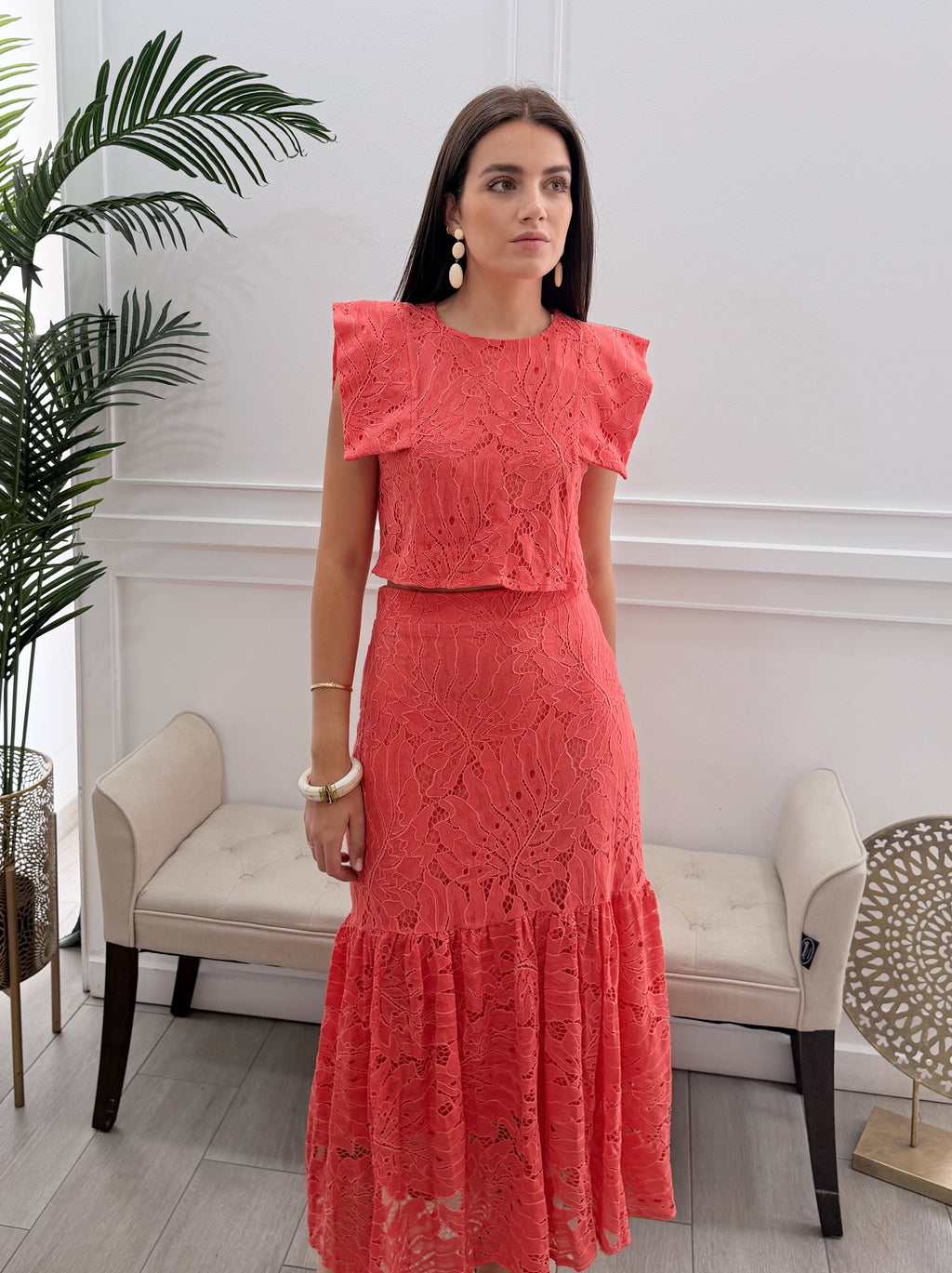 Conjunto Encaje Falda Coral