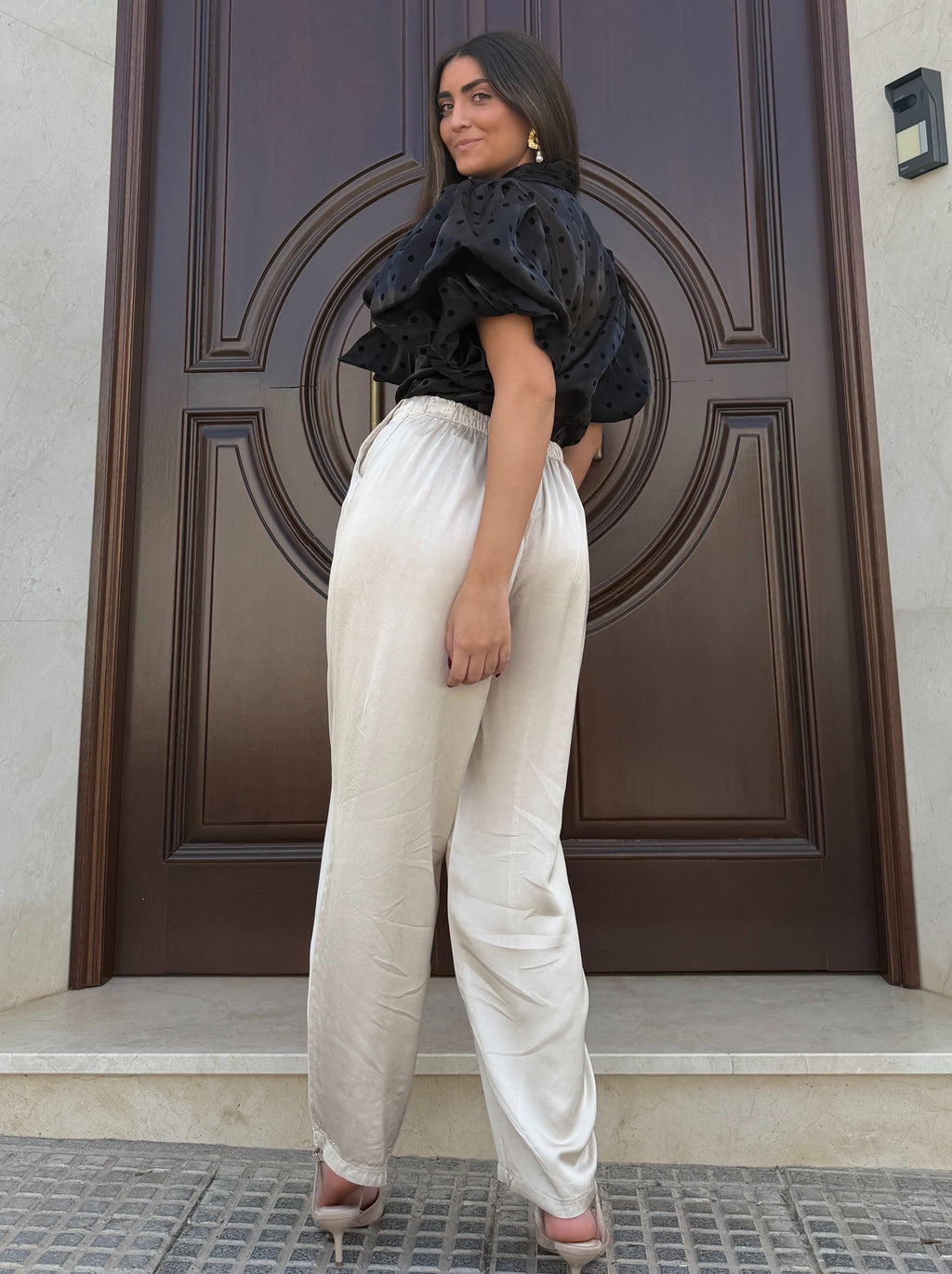 Pantalón Satén Globo Beige