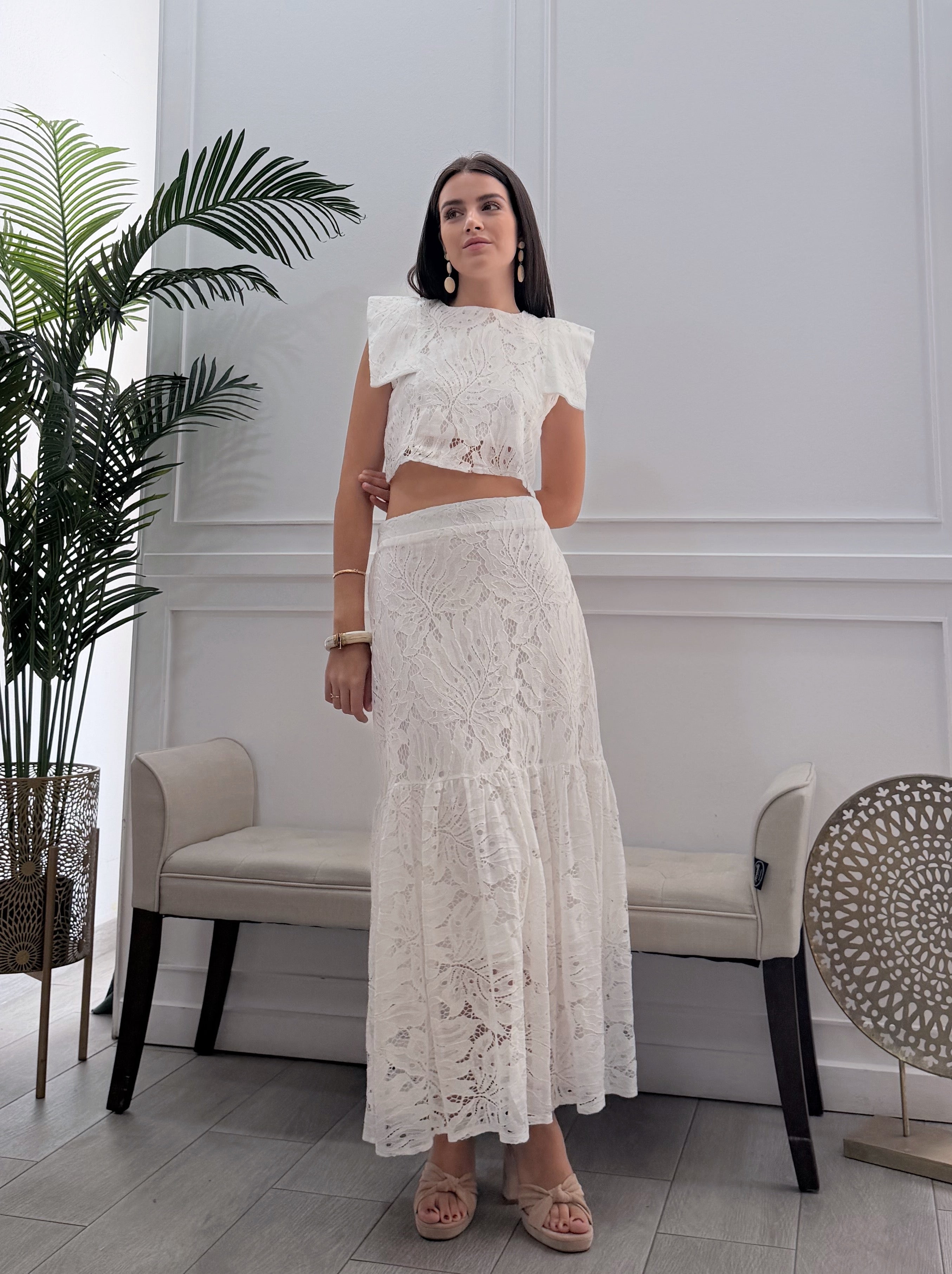 Conjunto Encaje Falda Blanco